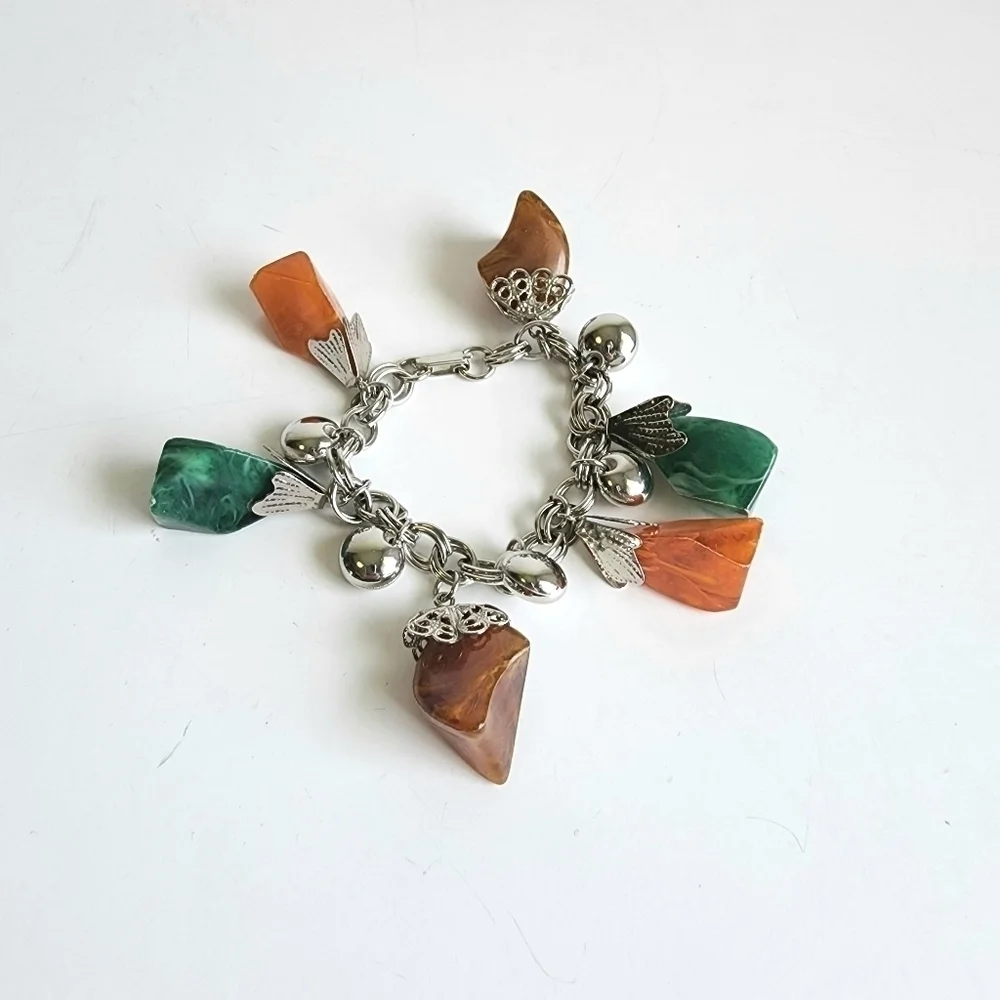 Vintage Charm Bracelet 60s Chunky Lucite Resin Beads Silver‎ Green Orange Brown